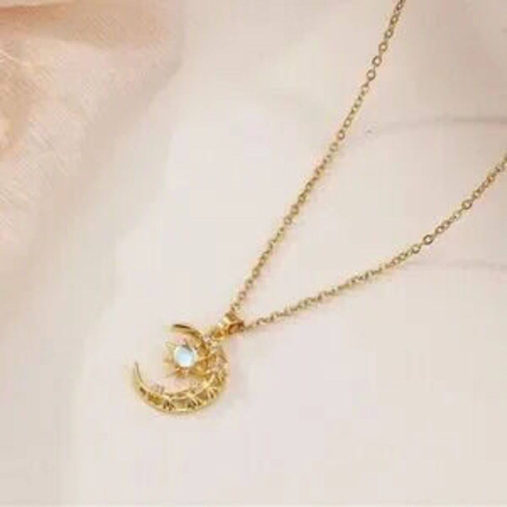 Gold Plated Stainless Steel Moon & Star Crescent Pendant Chain Necklace